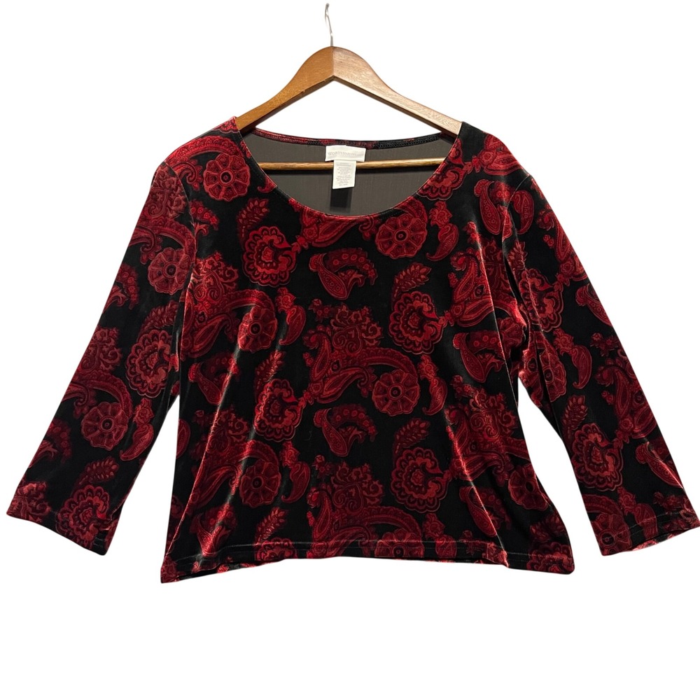 Worthington Velvet Top Women XL Red Black Paisley 3/4 Sleeve Whimsigoth Romantic